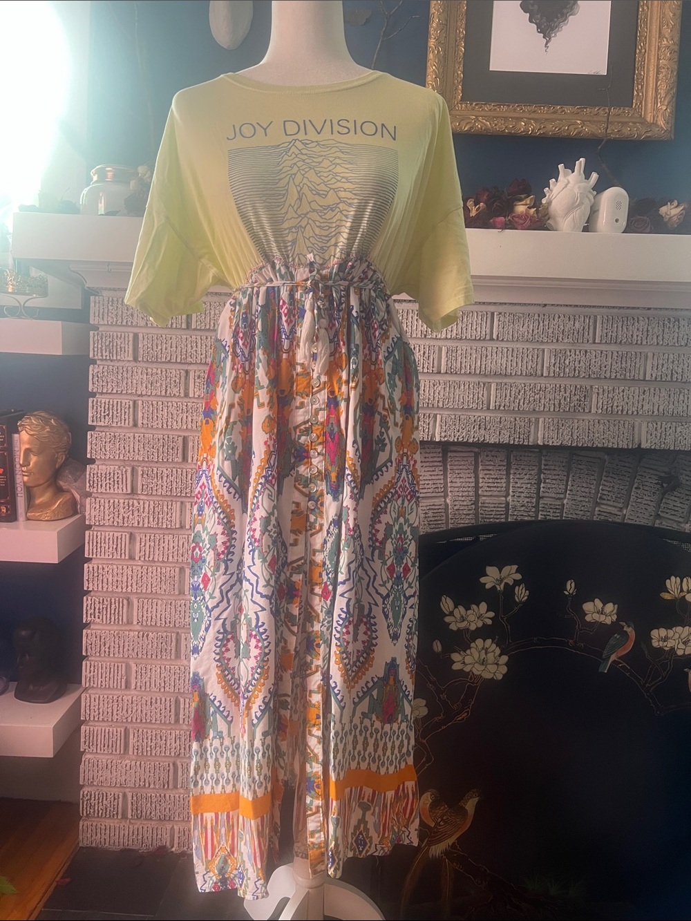 Joy Division Graphic Tee & Colorful Boho Skirt Outfit - Lime, White, Multicolor